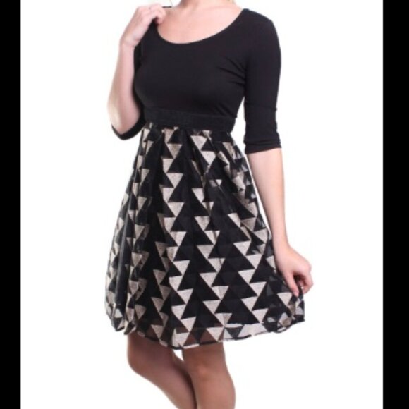 Plenty by Tracy Reese Black Gold A-Line Dress Stretch Top Party Size 12 Women's - Picture 1 of 12